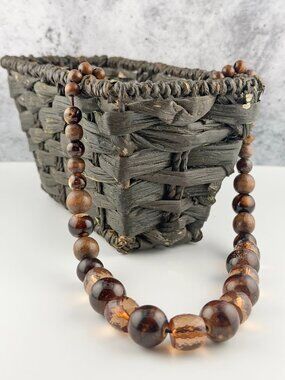 Vintage Boho Wood/ Amber Look Faceted Beaded Necklace - 24" + Extender